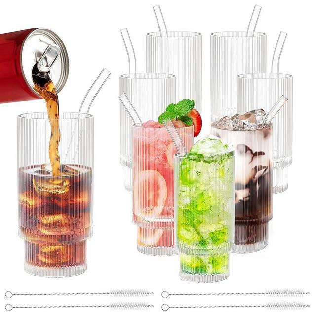 Harmin Ribbed Glass Cups with Straws, 12oz Vintage Glassware Set of 8, Cute Iced Coffee Cups Ideal Gifts for Cocktail Whiskey Milk and Juice