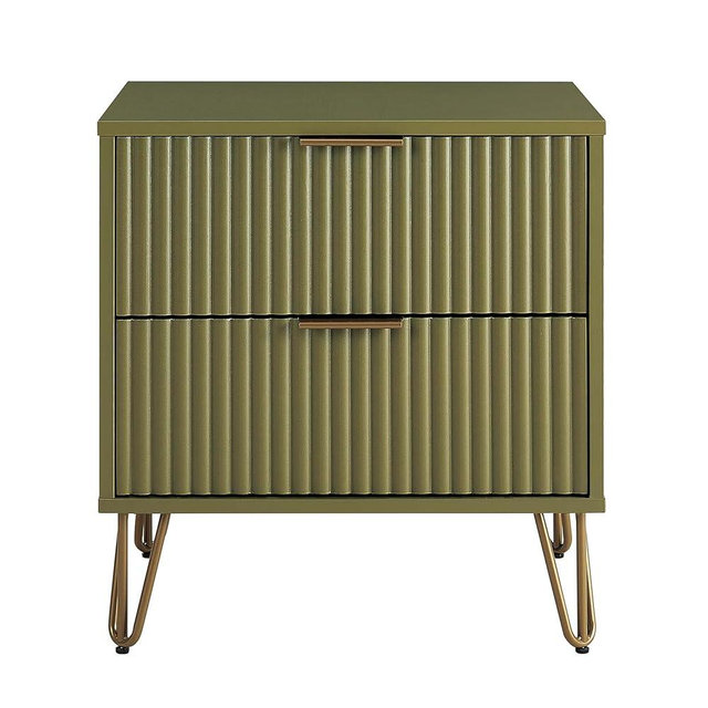 Manhattan Comfort Dumbo Modern Nightstand 2.0 with 2 Metal Feet | Splayed Gold Legs | Vertical Ribbed Design | No Tool Assembly Storage for Bedroom, Set of 1, Olive Green