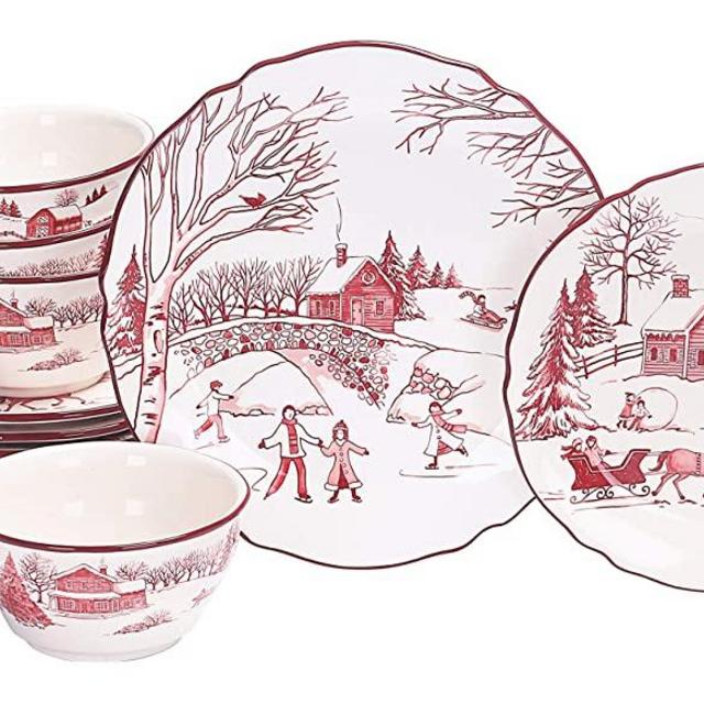 Bico Toile de Jouy Winter Wonderland Ceramics 12pcs Dinnerware Set, Service for 4, Inclusive of 11 inch Dinner Plates, 8.75 inch Salad Plates and 25oz Bowls, for Party, Microwave & Dishwasher Safe