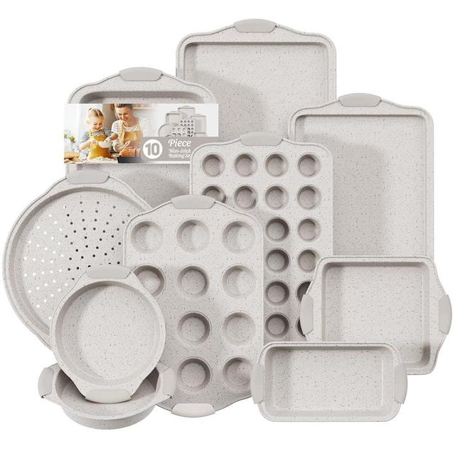 10-Piece Kitchen Nonstick Stackable Bakeware Set, Non Toxic Bakeware Sets with with Silicone Handles, Includes Cookie Sheets, Cake Pan, Loaf Pan, Pizza Pan, Muffin Pan, White