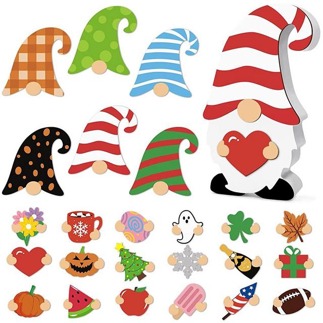 Huray Rayho Interchangeable Wooden Gnome Decor Holiday Seasonal Tiered Tray Decorative with 25 PCS Magnet Swappable Pieces Detachable Hat Office Home Sign Fall Thanksgiving Christmas Housewarming Gift
