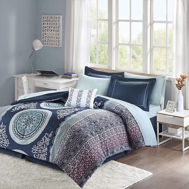 Intelligent Design Loretta Ultra Soft Brushed Microfiber Bohemian Boho Medallion Comforter and Sheet Set Bag Bedding, Queen, Navy 9 Piece
