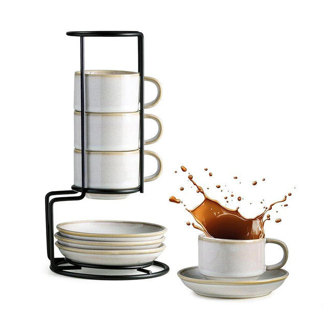 Gomakren 2.5 Ounce Espresso Cups Set of 4, Small Stackable Coffee Cups with Saucers and Metal Stand Father's Day Porcelain Demitasse Cups for Specialty Coffee Drinks, Cappuccino, Latte, White