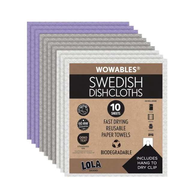 LOLA Swedish Dishcloths, 10 Sheets Biodegradable Reusable Paper Towels Absorbent Kitchen Sponge Cloths Zero Waste No Odor, Made in Germany