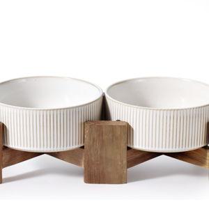 Getstar Ceramic Dog Bowls Set with Acacia Wood Stand, 3.5 Cups Pet Bowls Set of 2 for Medium Dogs, Cute Dog Food Bowl, Cat Bowls