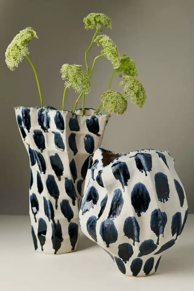 Jaime Young Blue Dot Ceramic Vase in White and Blue