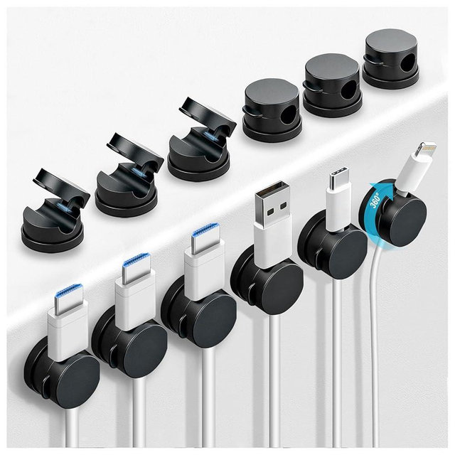 OneLeaf 12 Pack 360° Rotatable Spring Cable Clips[1s Lock], Adhesive Cord Holder for Nightstand, Phone Charger Cord Holder for Desk Home Office Car Game Station