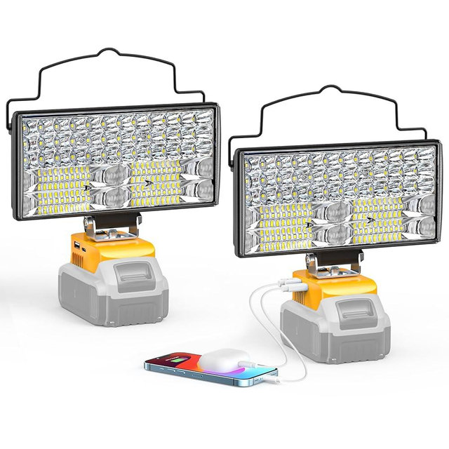 LIVOWALNY 100W LED Work Light Compatible with Dewalt Battery, 2PCS 10000LM Flashlight with USB A & USB C Output Port Low Voltage Protection, Portable Floodlight for Camping, Emergency, Outdoor Lights