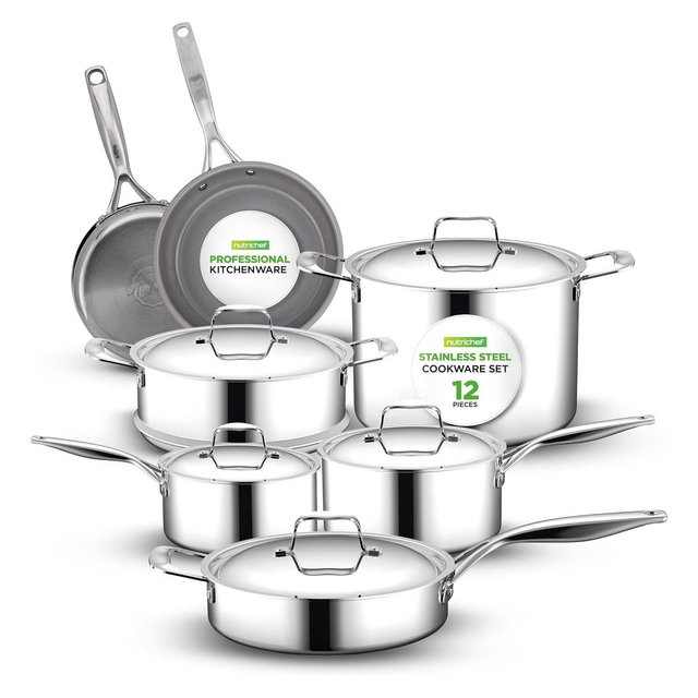 Stainless Steel Cookware Set for Non-Stick Cooking with Ceramic Interior, Clad Design, 12-Piece