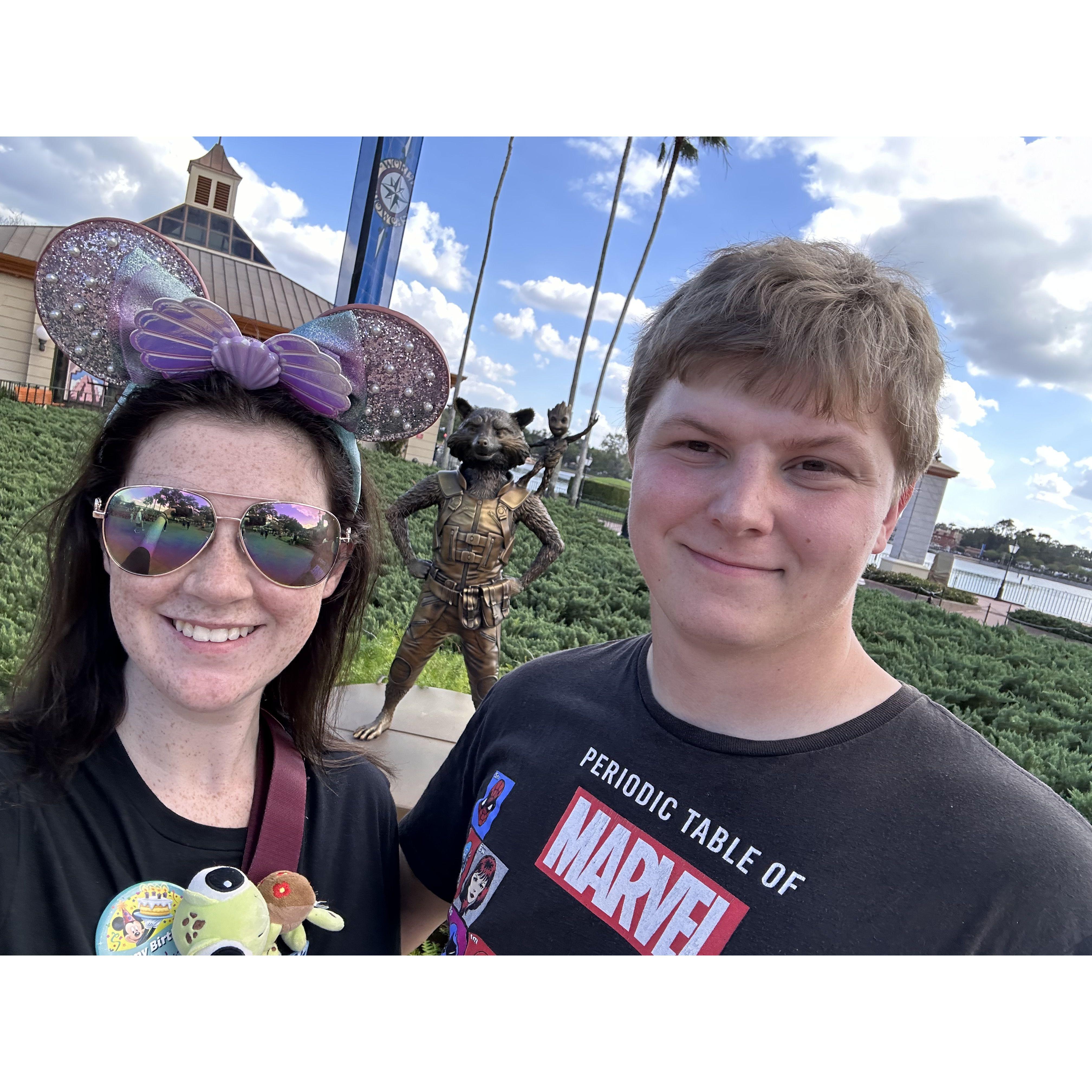 Groom and Bride getting to nerd out in the happiest place on earth.