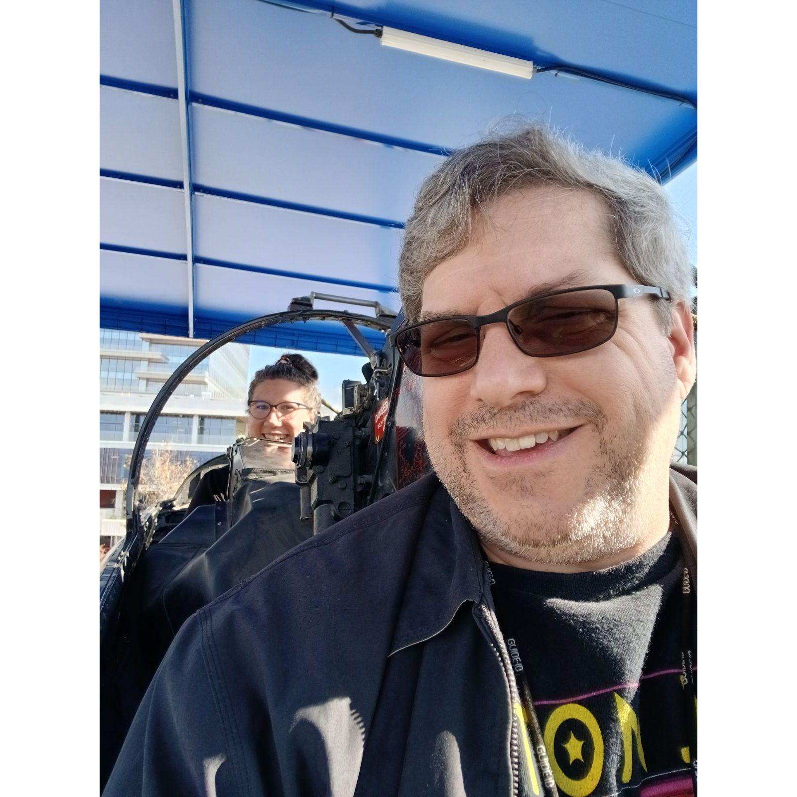In a fighter jet on the retired aircraft carrier in San Diego.