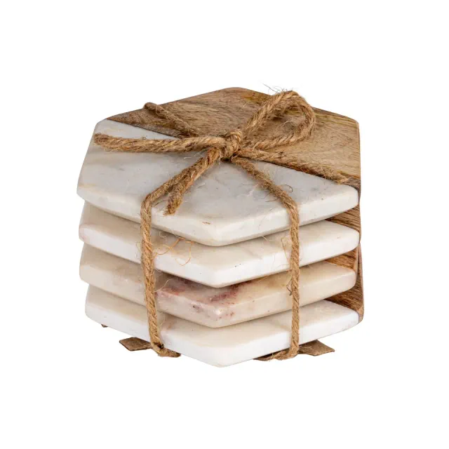 Storied Home Marble & Mango Wood Hexagon Coasters