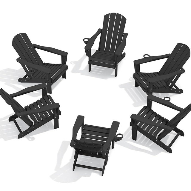 SERWALL Folding Adirondack Chair Set of 6, Adjustable Adirondack Chair with 3 Recline Positions, All Weather HDPE Outdoor Adirondack with Cup Holders, Black
