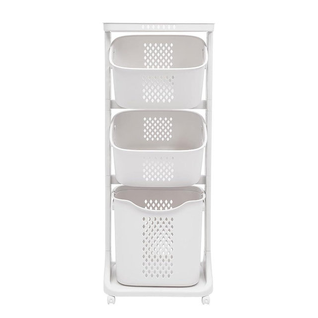 3 Tier Laundry Basket Rack Movable Laundry Basket Shelf Holder with Universal Wheels Bathroom Storage Stackable Laundry Basket System Vertical Laundry Sorter for Kitchens, Bathrooms, Bedrooms