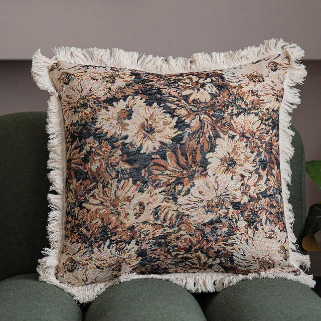 vctops Boho Jacquard Decorative Throw Pillow Covers with Tassels 18x18 Inch Floral Pattern Pillow Covers for Spring Couch Cushion Livingroom (Coffee Floral,18"x18")