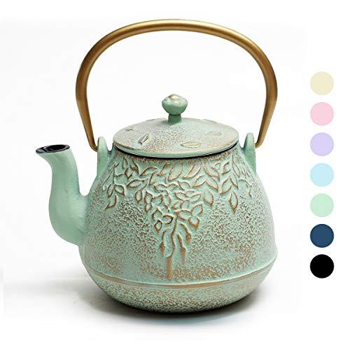 Tea Kettle, TOPTIER Japanese Cast Iron Teapot with Infuser for Loose Leaf and Tea Bags, Stovetop Safe Cast Iron Tea Kettle Coated with Enameled Interior for 40 oz (1200 ml), Light Green