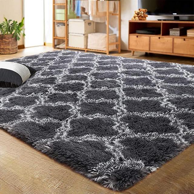 LOCHAS Luxury Velvet Shag Area Rug Modern Indoor Plush Fluffy Rugs, Extra Soft and Comfy Carpet, Geometric Moroccan Rugs for Bedroom Living Room Girls Kids Nursery, 6x9 Feet Dark Grey/White