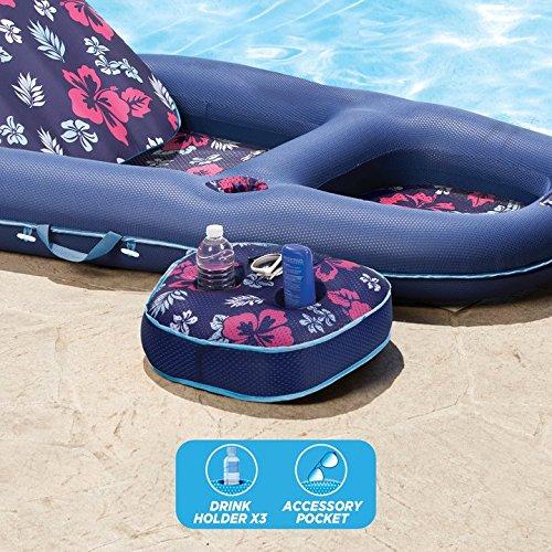 AQUA Campania Ultimate 2 in 1 Recliner Tanner Pool Lounger with Adjustable Backrest and Caddy, Inflatable Pool Float, Navy Hibiscus