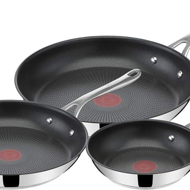 T-Fal Jamie Oliver Cooks Direct, Stainless Steel Non-stick Frying Pan 3 Pcs Set (20/24/28cm) (8/9/11 Inches) with Induction