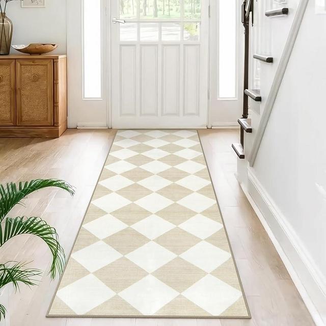 Beeiva Checkered Kitchen Runner Rug 2.5X8, Ultra Thin Neutral Rug Runners for Hallways Non Slip Washable Runner, Moroccan Beige Print Floor Carpet Farmhouse Runner Rug for Bathroom, Bedroom, Entryway