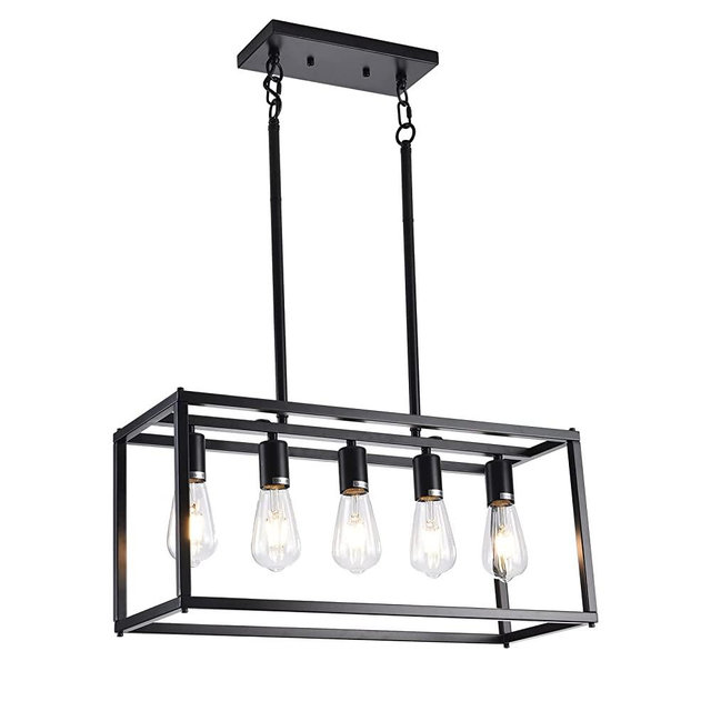 Lanhall 5-Light Farmhouse Chandelier Black Dining Room Light Fixture Modern Kitchen Island Pendant Lighting Hanging Lights for Living Room, Bedroom Rectangular Adjustable Height Metal with E26 Base