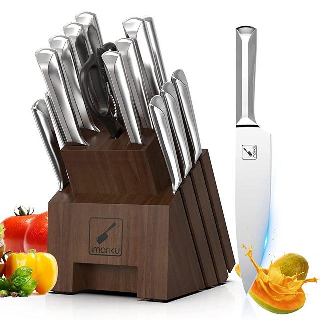 Kitchen Knife Set with Block, imarku 16-Piece Japanese Stainless Steel Knives Set for Kitchen, Chef Knife Set with Block, Premium Kitchen Knife Set with Kitchen Sharpener, Dishwasher Safe, Silver
