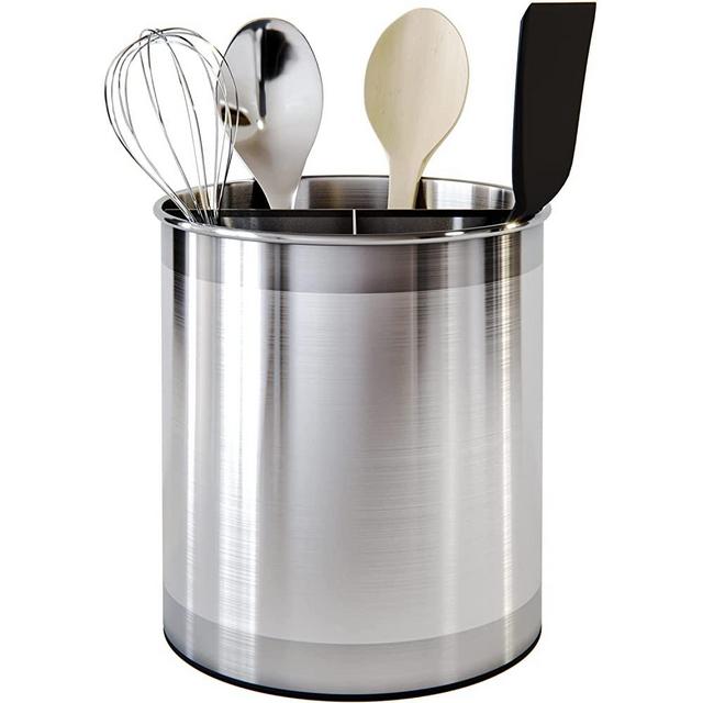 Extra Large Rotating Stainless Steel Utensil Holder Caddy with Sturdy No-Tip Weighted Base, Removable Divider, and Gripped Insert Dishwasher Safe