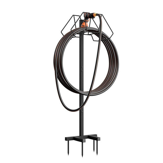 Giraffe Tools Garden Hose Holder- Heavy-Duty Freestanding Metal Stand, Holds 100FT Hose with 4 Spikes,Sturdy Hose Storage Stand for Outside Yard,Lawn,Garden,Black