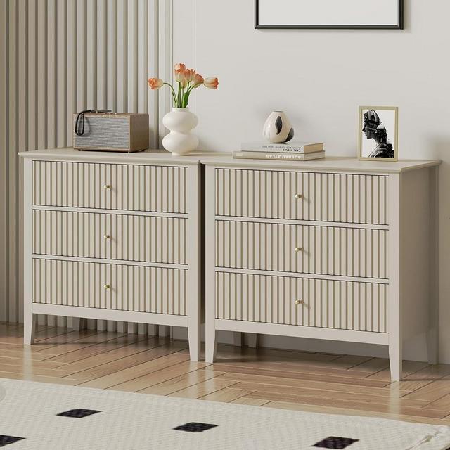RoyalCraft 3 Drawer Dresser Set of 2, Fluted Wood Drawers for Bedroom, Modern Painted 30 inch Wide Nightstand for Bedroom, Entryway, Beige