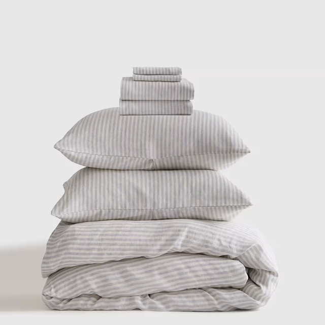 European Linen Deluxe Bedding Bundle - Mist/White Stripe, Queen