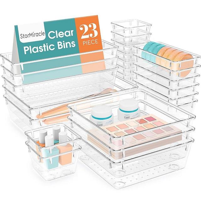 StorMiracle 23 PCS Drawer Organizer Set, 5 Varied Size Bathroom and kitchen Drawer cabinet organizer Trays, Clear Storage Bins for Makeup, Jewelry, Utensils and Gadgets