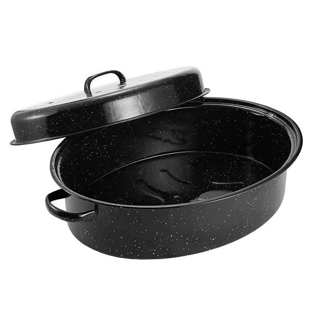 Granite Roasting Pan, 18” Enameled Roasting Pan with Domed Lid. Oval Turkey Roaster Pot, Broiler Pan Great for Turkey, Chicken, Lamb, Vegetable. Dishwasher Safe Cookware Fit for 18Lb Turkey by Kendane