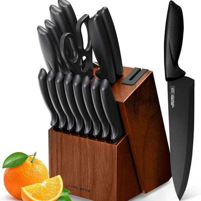 Home Hero 16 Pcs Kitchen Knife Set, Chef Knife Set & Steak Knives - Professional Design Collection - Razor-Sharp High Carbon Stainless Steel Knives with Ergonomic Handles (16 Pcs - Dark Wood)