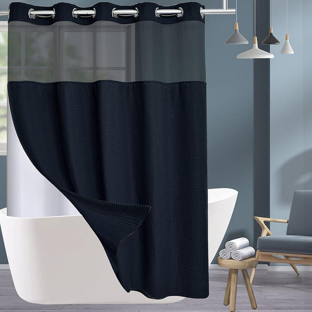 Conbo Mio Waffle Weave Hotel Style Shower Curtain with Snap in Liner for Bathroom Waterproof Machine Washable Shower Curtain (Waffle-Black,71"(W) x 74"(H))