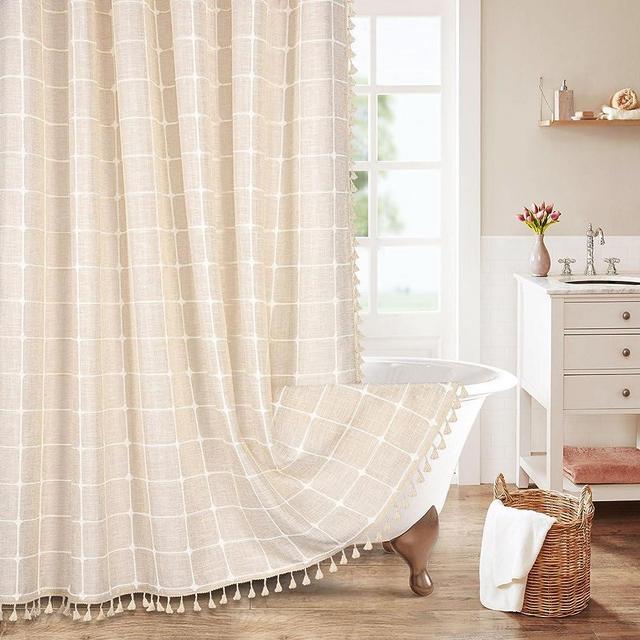 MitoVilla Boho Farmhouse Shower Curtains - Cotton Linen Fabric, Vintage Country Thick Shower Curtain for Bathroom Decor, Modern Rustic Textured Cloth Shower Curtain with Tassel, Beige/Cream, 72 x 72