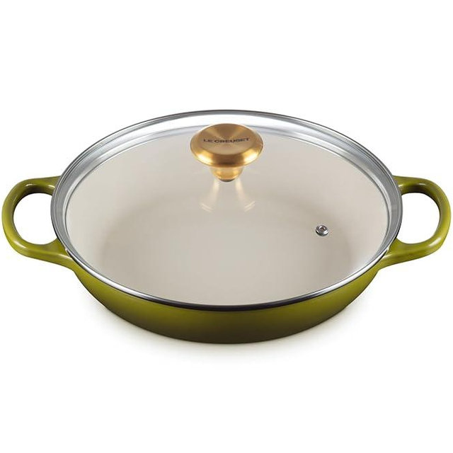 Le Creuset Enameled Cast Iron Signature Round Braiser with Glass Lid, 2.25 qt., Olive with Gold Knob