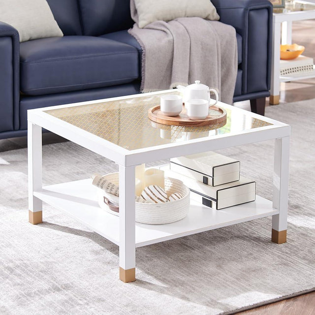 Modern Style Glass Coffee Table for Living Room, 27.5" Tempered Glass with Golden Mesh Film, Sturdy Metal Frame and Open Shelving, 2-Tier Square Coffee Table, White