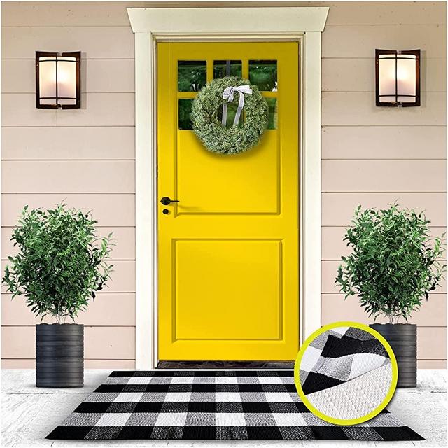 Buffalo Plaid Outdoor Rug - 27.5 x 43 Inch Heavy Duty Farmhouse Black & White Checkered Rug Blends with Any Decor - Thick Indoor Outdoor Carpets Include A Non Slip Mat to Keep Them Firmly in Place