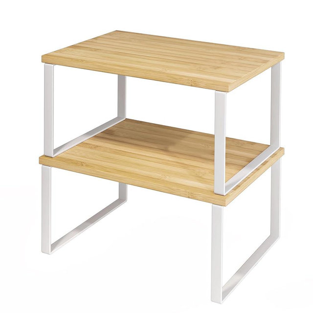 SUYU Kitchen Cabinet Organizer Shelf,Bamboo Spice Rack Set of 2,Space-Saving Countertop Organizer for Kitchen, Office, or Closet, Stackable and Nesting Shelves,White and Natural SCW201B