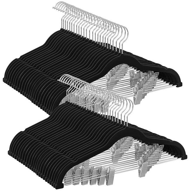 SONGMICS 50-Pack Pants Hangers, 16.7-Inch Long Velvet Trousers Hangers with Adjustable Clips, Heavy-Duty, Non-Slip, Space-Saving for Pants, Skirts, Coats, Dresses, Tank Tops, Black UCRF012B50