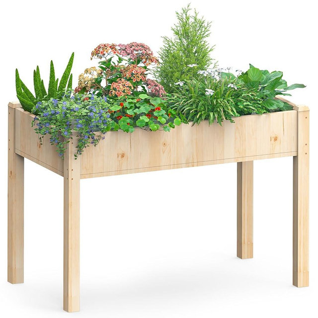 DUMOS Raised Garden Bed with Legs, 48x24x30in Wood Elevated Planter Box w/Bed Liner for Herbs Flowers Vegetables, 300lbs Capacity Outdoor Gardening Planters for Patio Balcony Backyard, Natural Wood