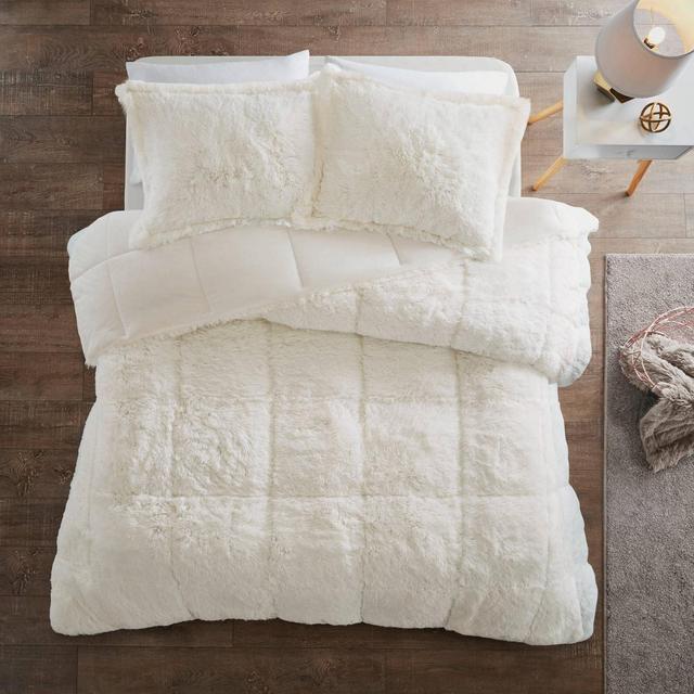 Leena Full/Queen 3pc Shaggy Faux Fur Comforter Set Ivory