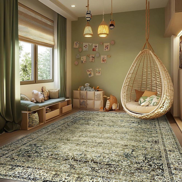 Large Boho Area Rugs 8x10 for Living Room,Low Pile Stain Resistant Neutral Vintage Faux Wool Machine Washable Rugs Carpet for Bedroom Dining Room,Olive Green and Cream