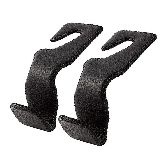 Headrest Hooks for Car, Back Seat Organizer Black Leather Hanger Holder Hook, for Hanging Purses and Bags and Coats , Pack of 2