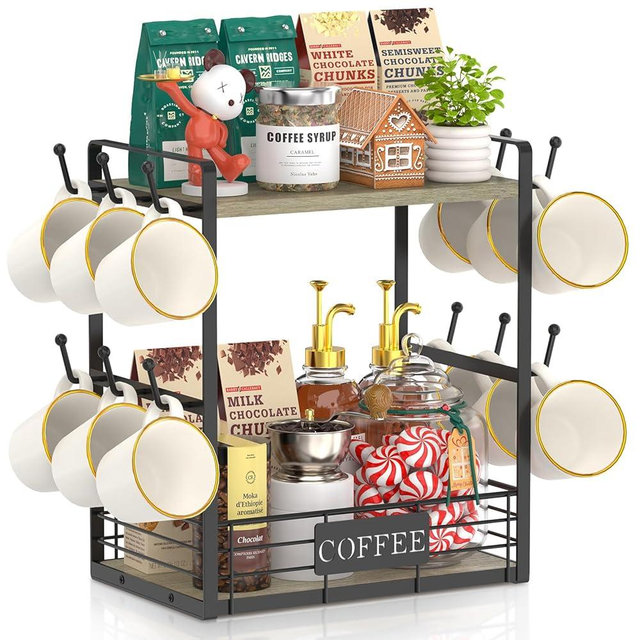 EsLuker.ly Coffee Bar Station Organizer Mug Cup Holder Stand for Countertop, Multi-Functional 2 Tier Mug Tree Rack for Kitchen, Storage Shelf with 12 Hooks, Grey Oak-Black