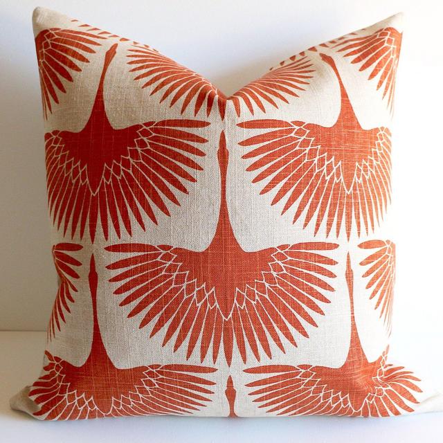 Orange Linen Mid Century pillow / Natural linen and Burnt orange 20x20 / Swan pillow / 20x20 Modern pillow cover