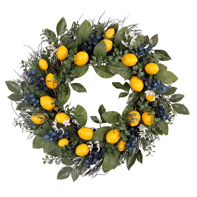 Valery Madelyn 24 Inch Spring Fruit Wreath with Artificial Lemons, Blueberry, and Green Leaves, Spring Fruit Wreath for Front Door and Home Decoration