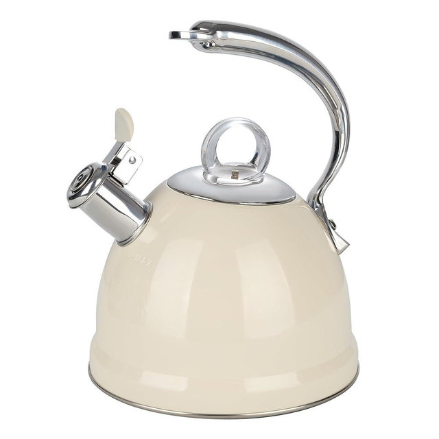 Harriet Tea Kettle for Stove Top, 2.5 Quart Stainless Steel Whistling Tea Pot, 3-Layer Base, Unique Dolphin-Shaped Ergonomic Handle, Includes Pot Holder & Mat, Gas Electric Applicable, Beige White