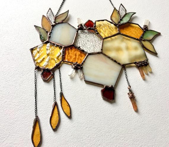 Stained Glass Beehive. Honeycomb Stained Glass Suncatcher. Honeycomb With Crystals. Made To Order