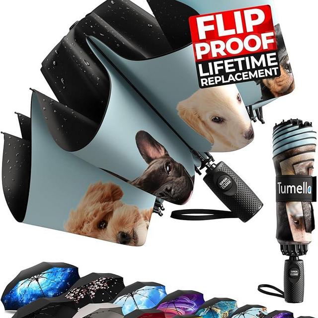 TUMELLA Flip-proof Inverted Travel Umbrella, Small Strong but Light Portable and Automatic Reverse Folding Rain Umbrella, Durable Premium Grip, Fits Car & Backpack